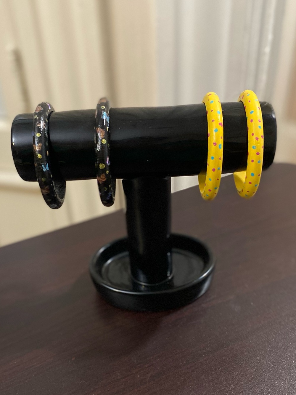 Hand-Painted Yellow and Black Wooden Bangle Set
